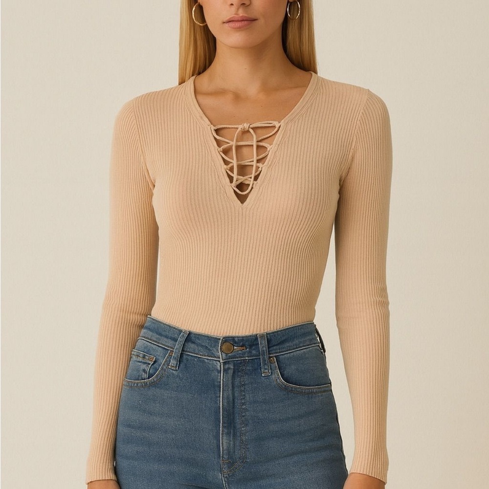 Sandro Paris Lace-Up Ribbed Tan Top
